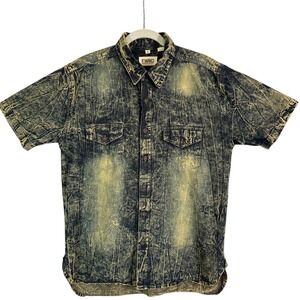 FWRD Denim Co Shirt‎ Acid Wash Short Sleeve Button Up Yellow Blue L Streetwear